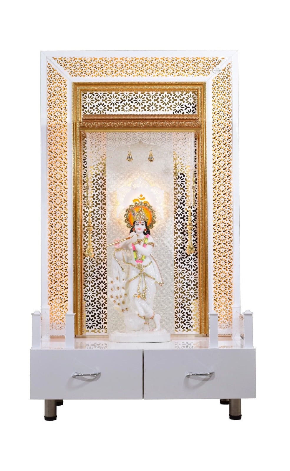 F C Large Pooja Mandir Wooden Temple In White with Twin Drawers Without Shelfs
