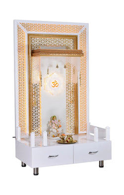 F C Large Pooja Mandir Wooden Temple In White with Twin Drawers Without Shelfs