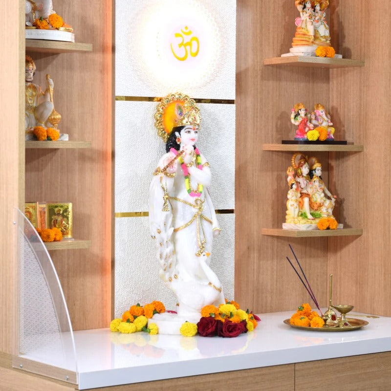 F C Natural Teak Finish Mandir with doors 6' x 4