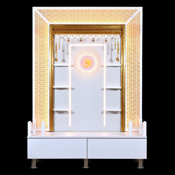 F C Wooden Pooja Mandir with Twin Drawers and Ledges wide
