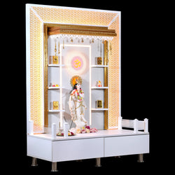 F C Wooden Pooja Mandir with Twin Drawers and Ledges wide
