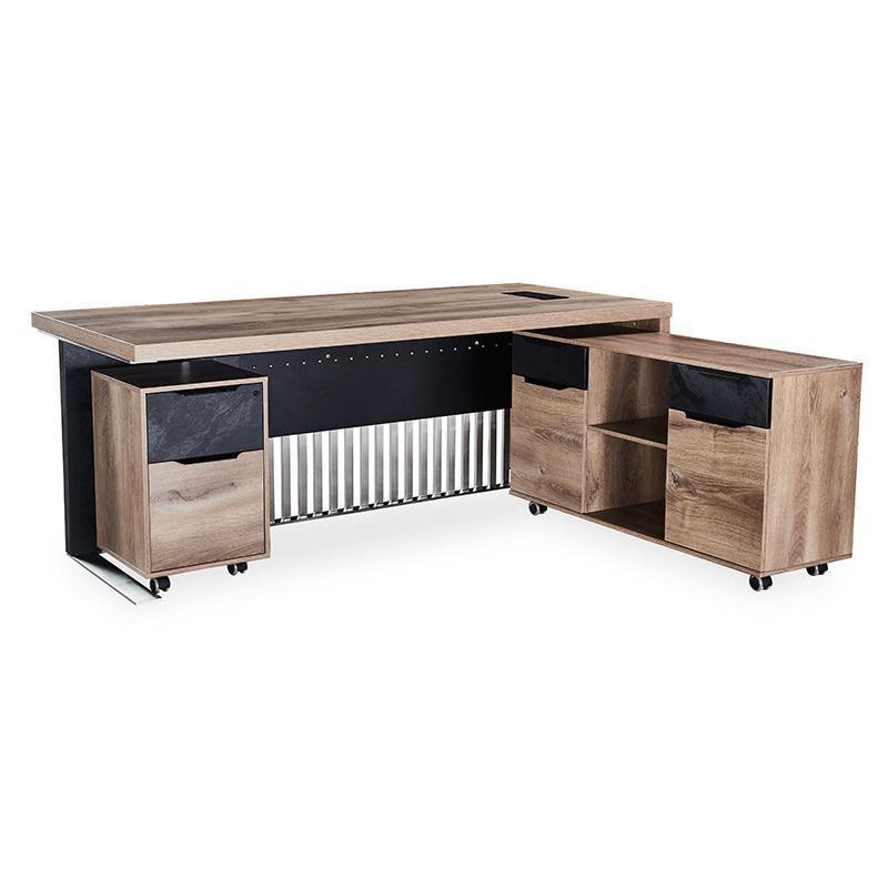 Aftan Executive Office Desk with Pedestal & Right Mobile Return 1.8M - Warm Oak & Black - Furniture Castle
