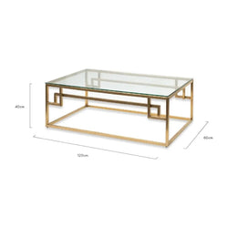 Alexa 1.2m Coffee Table - Glass Top - Brushed Gold Base - Furniture Castle