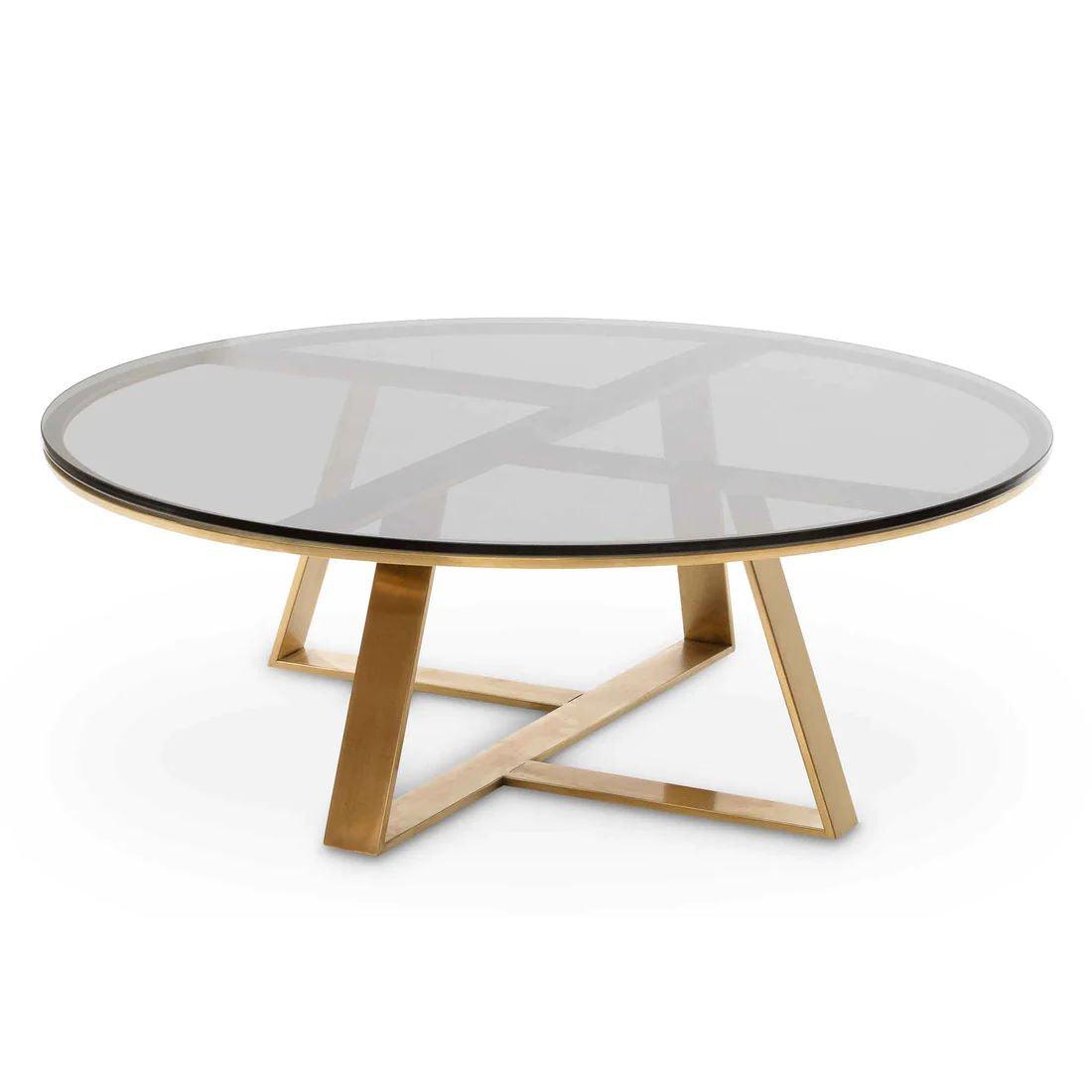 Alphanso Coffee Table Round Grey Glass 100cm - Brushed Gold Base - Furniture Castle