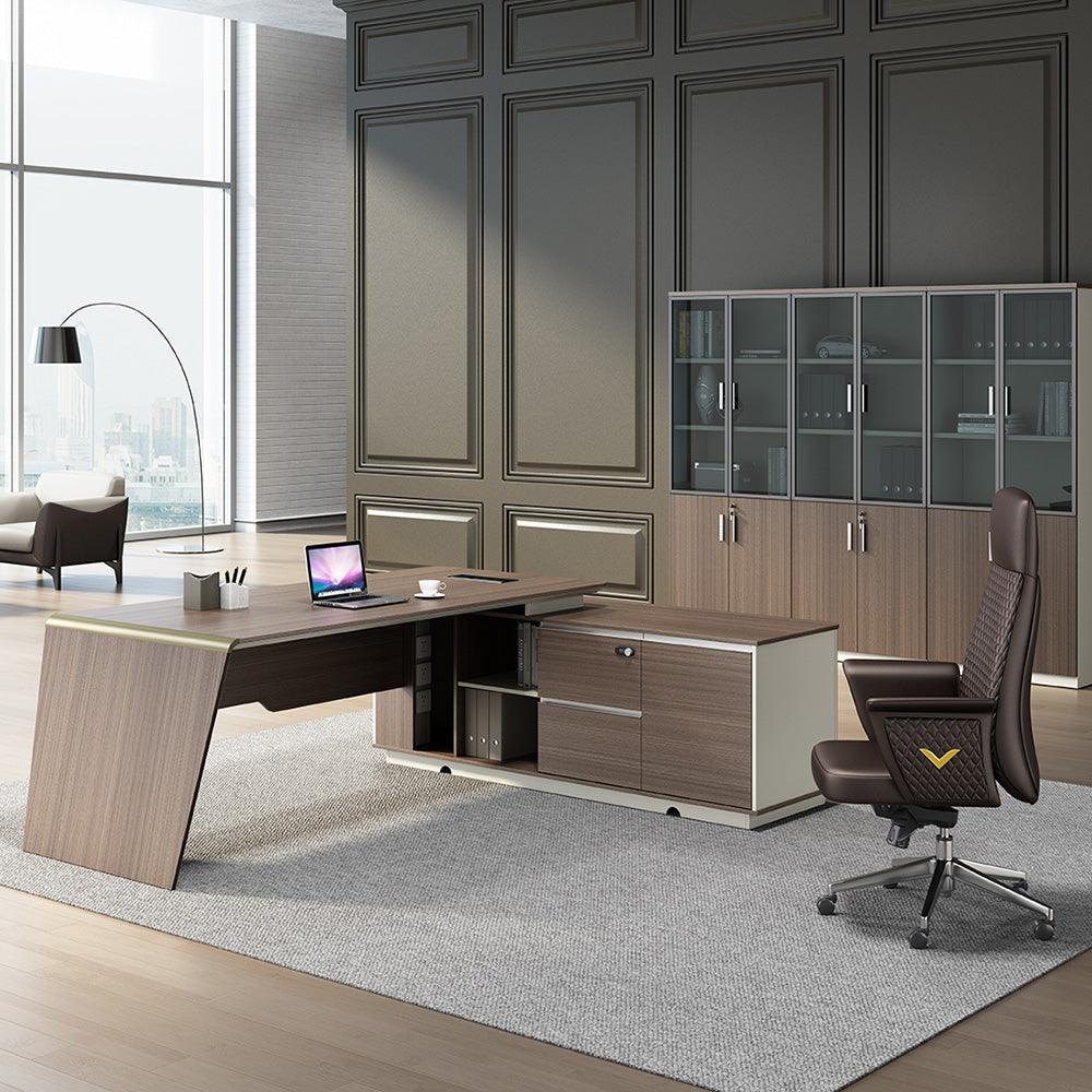 ANDERS Executive Desk Reversible Return 2.2M - Hazelnut & Beige - Furniture Castle