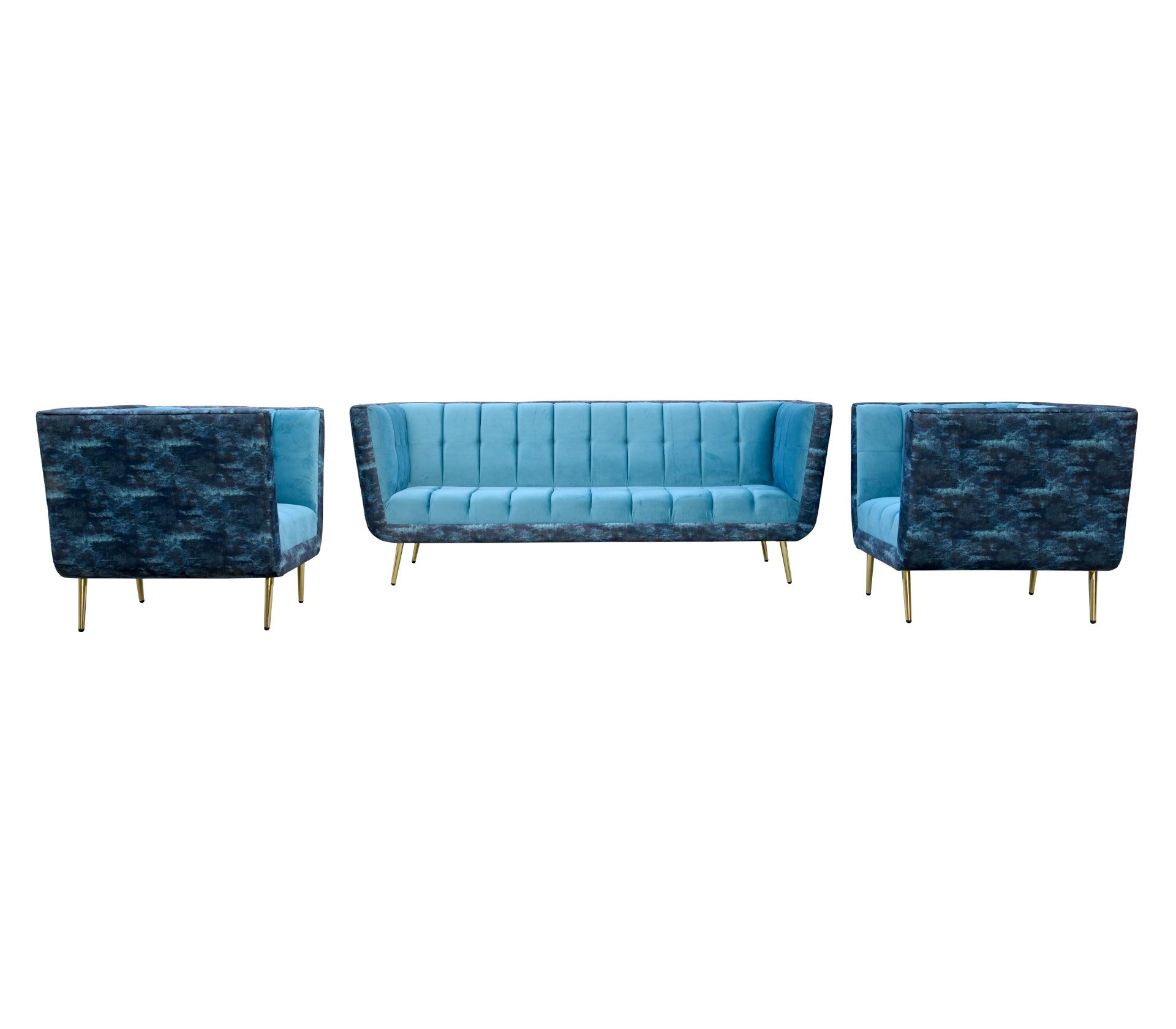 Atturo Blue Sofa Set 3+1+1 With Golden Legs - Furniture Castle