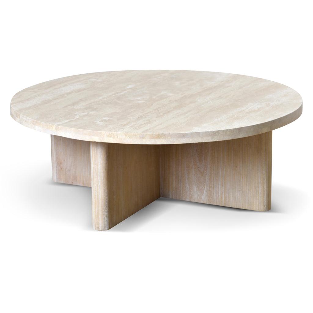 CCF8666-NI Travertine Marble 100cm Round Coffee Table - White Wash - Furniture Castle