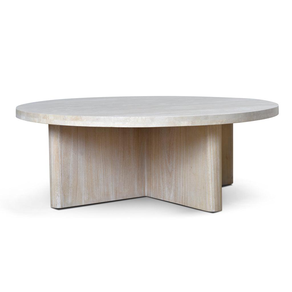 CCF8666-NI Travertine Marble 100cm Round Coffee Table - White Wash - Furniture Castle