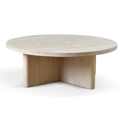CCF8666-NI Travertine Marble 100cm Round Coffee Table - White Wash - Furniture Castle