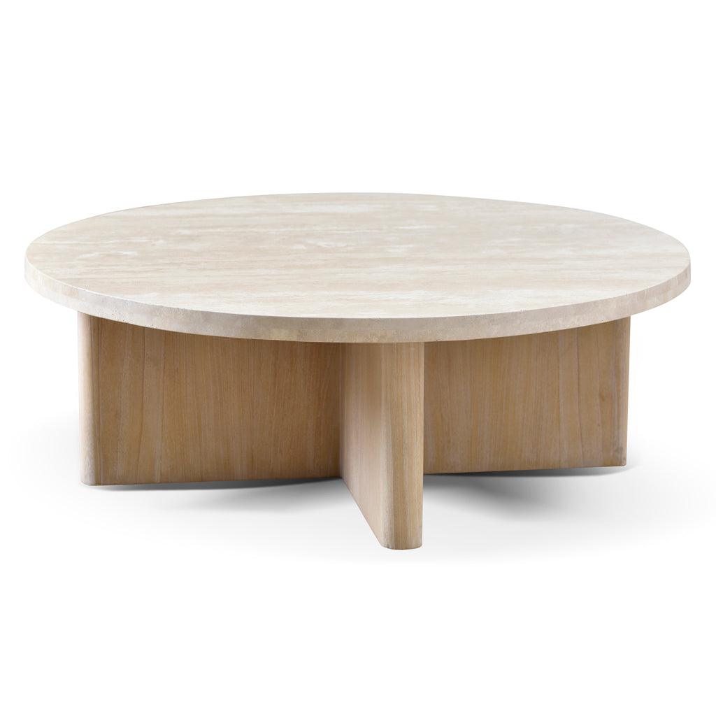 CCF8666-NI Travertine Marble 100cm Round Coffee Table - White Wash - Furniture Castle