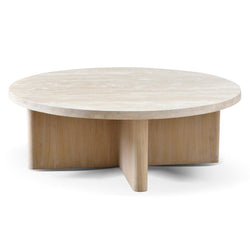 CCF8666-NI Travertine Marble 100cm Round Coffee Table - White Wash - Furniture Castle