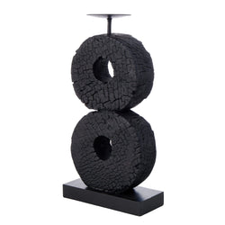 Charred Wood Dual Ring Candleholder Black 18x8x35cm - Furniture Castle