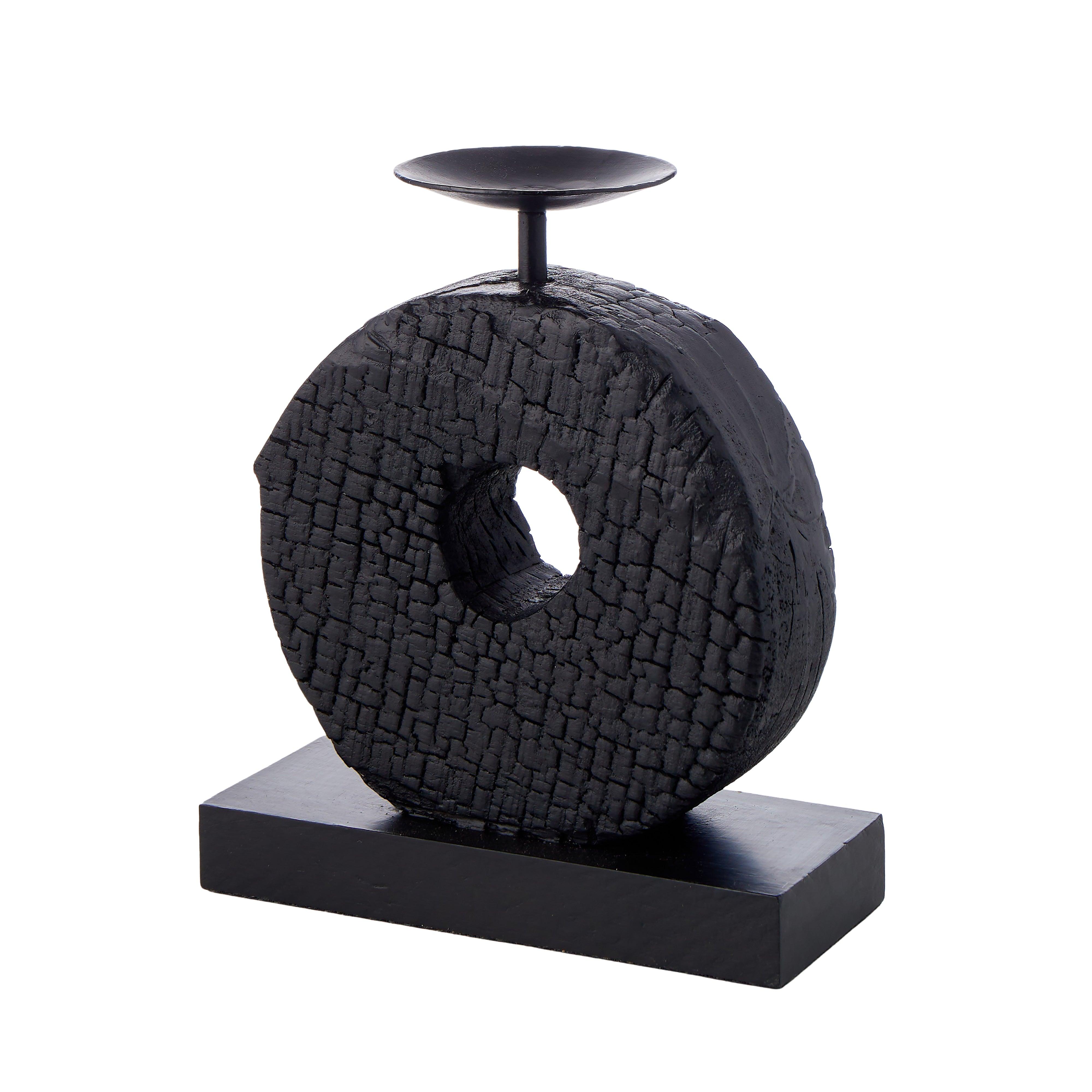 Charred Wood Single Ring Candleholder Black 18x8x20cm - Furniture Castle