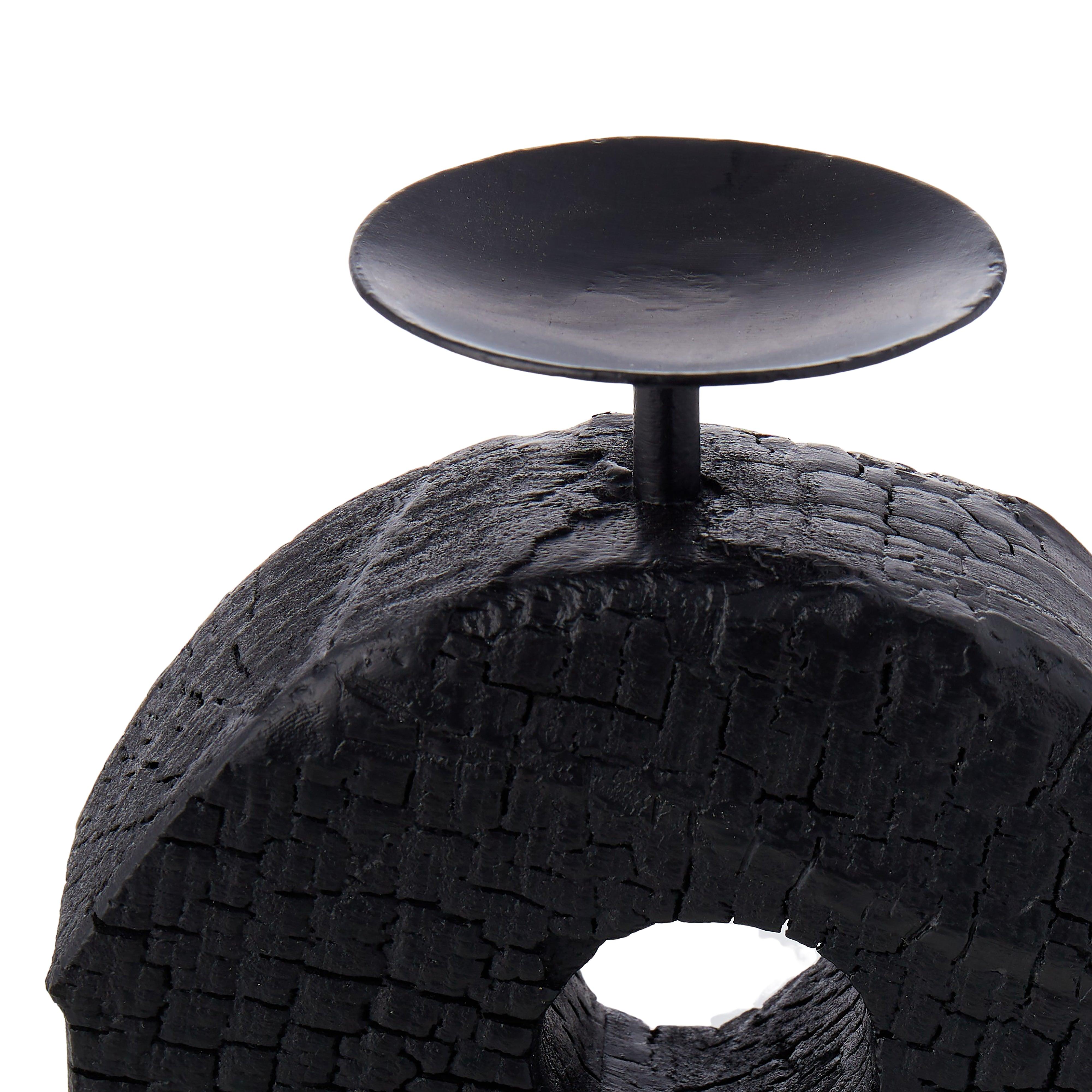 Charred Wood Single Ring Candleholder Black 18x8x20cm - Furniture Castle