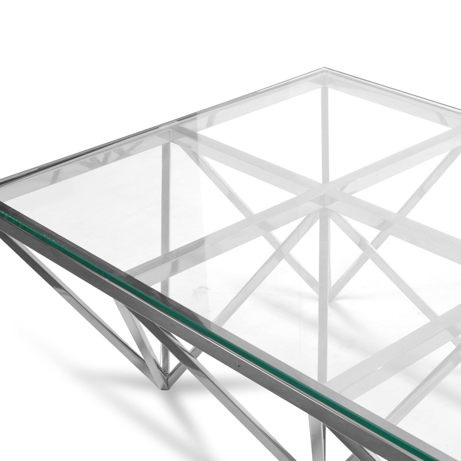 Coffee Table - Glass Top - Silver Steel Base 1.2m - Furniture Castle