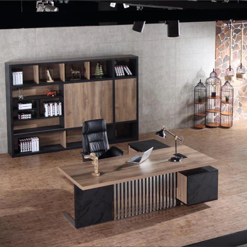 Daxton Executive Desk with Left Return 200cm - Warm Oak & Black - Furniture Castle