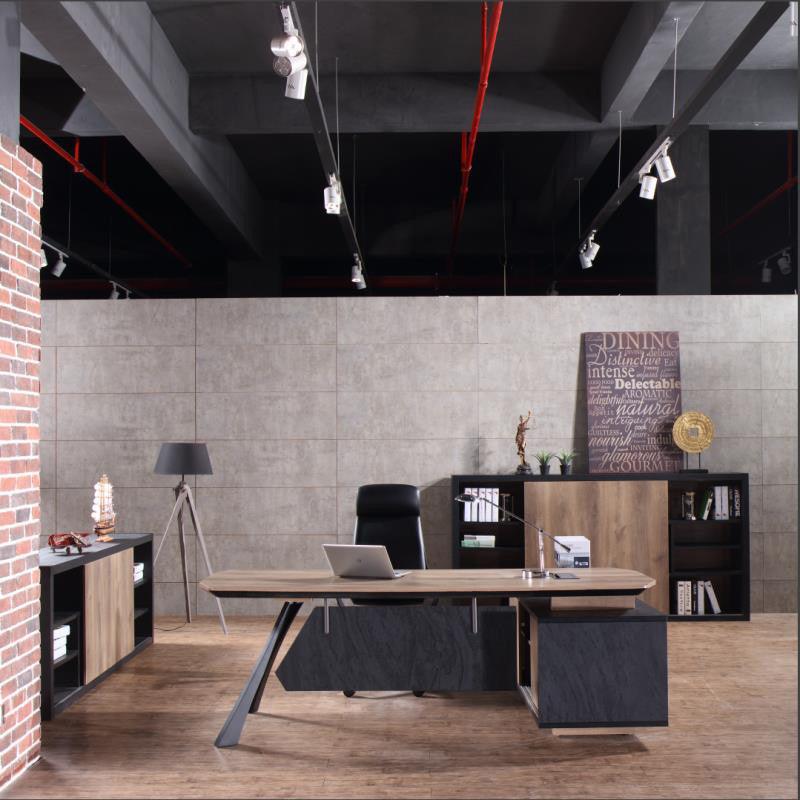 EASTON Executive Desk with Left Return 2.2-2.4m - Warm Oak & Black - Furniture Castle