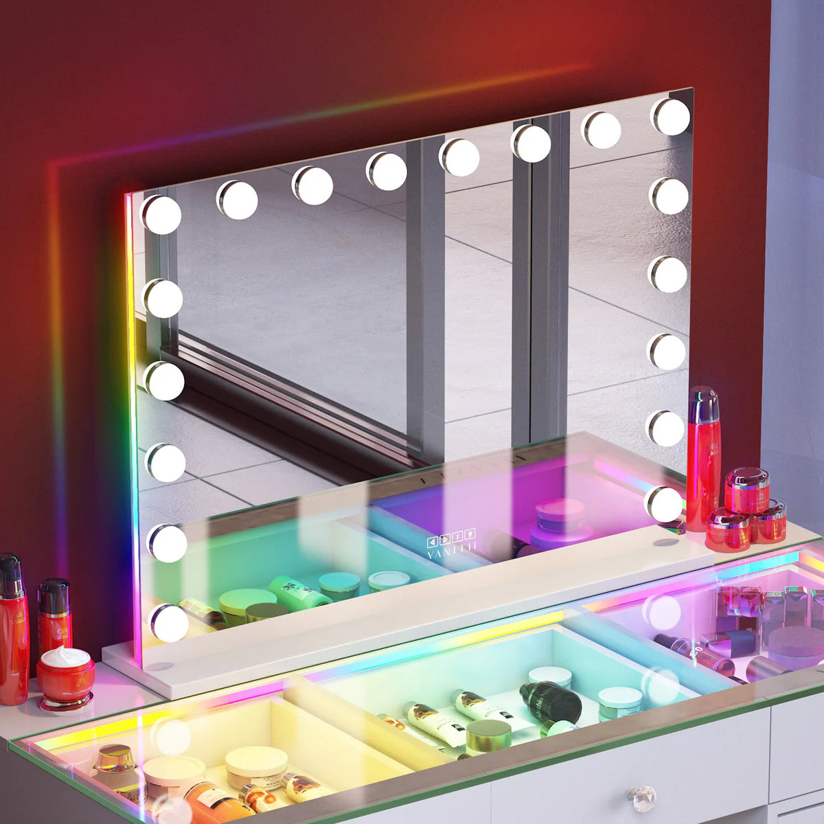 Vanity Mirror with RGB and Bluetooth Speaker- 18 Dimmable LED Bulbs 80 x 58cm