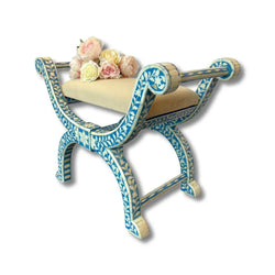 Elijah Inlay Roman Stool Floral - Blue - Furniture Castle