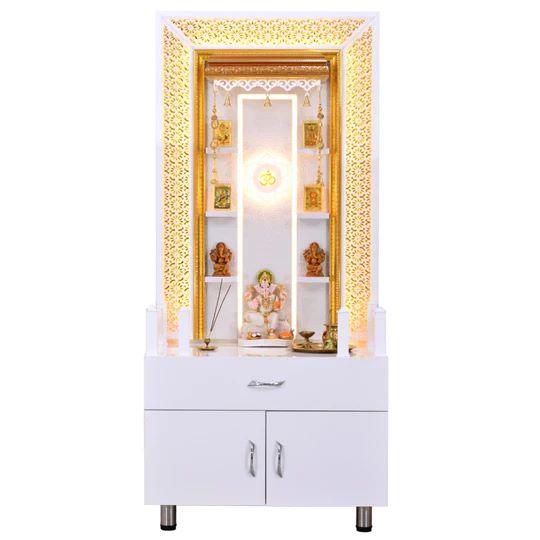 F C Home Temple Pooja Mandir With Shelfs & Legs, Decorative LED Lighting And Storage - Furniture Castle