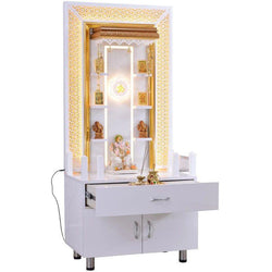 F C Home Temple Pooja Mandir With Shelfs & Legs, Decorative LED Lighting And Storage - Furniture Castle
