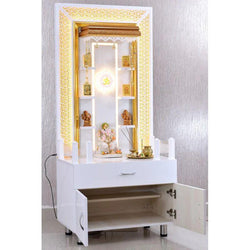 F C Home Temple Pooja Mandir With Shelfs & Legs, Decorative LED Lighting And Storage - Furniture Castle