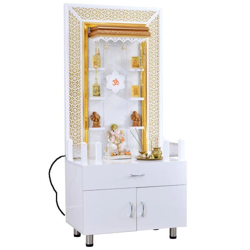 F C Home Temple Pooja Mandir With Shelfs & Legs, Decorative LED Lighting And Storage - Furniture Castle