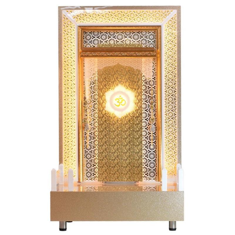F C Large Pooja Mandir Wooden Temple In Glossy Golden/White with Twin Drawers - Furniture Castle