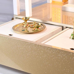 F C Large Pooja Mandir Wooden Temple In Glossy Golden/White with Twin Drawers - Furniture Castle