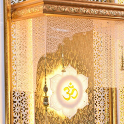 F C Large Pooja Mandir Wooden Temple In Glossy Golden/White with Twin Drawers - Furniture Castle