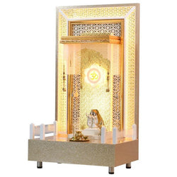 F C Large Pooja Mandir Wooden Temple In Glossy Golden/White with Twin Drawers - Furniture Castle