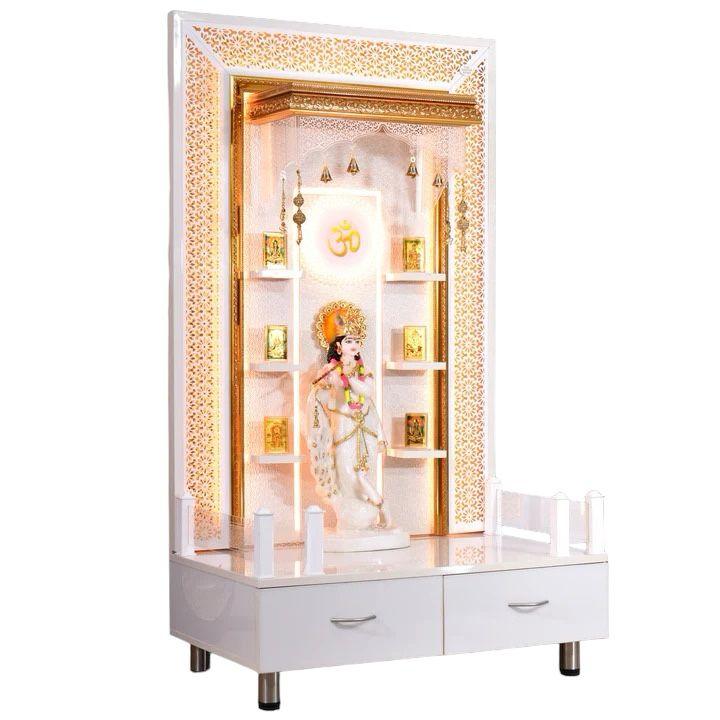 F C Large Pooja Mandir Wooden Temple In Glossy White with Twin Drawers - Furniture Castle
