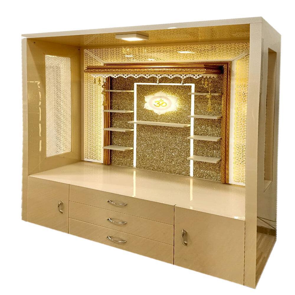 F C Premium Glass Acrylic Large Wooden Mandir with Extra Storage & Ledges - Furniture Castle