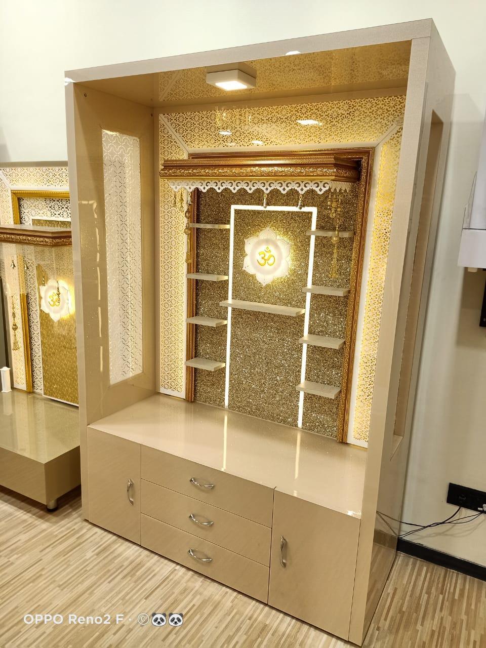 F C Premium Glass Acrylic Large Wooden Mandir with Extra Storage & Ledges - Furniture Castle