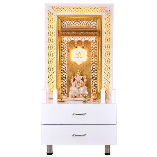 F C White Glossy Wooden Pooja Mandir With Storage And Lighting - Furniture Castle
