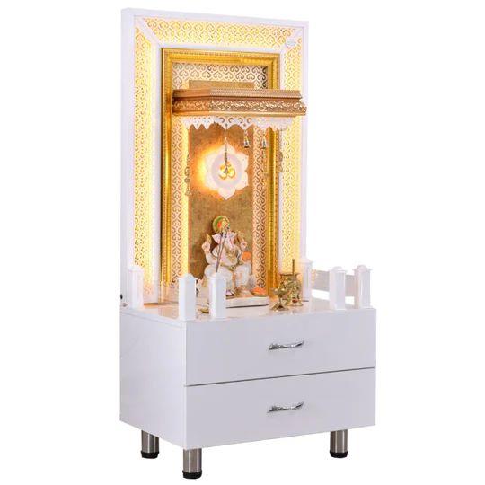 F C White Glossy Wooden Pooja Mandir With Storage And Lighting - Furniture Castle