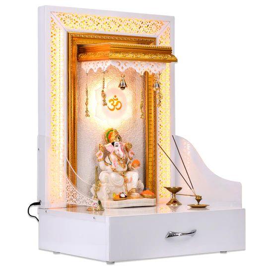 F C Wooden Home Temple Glossy White Golden Led Lights - Furniture Castle