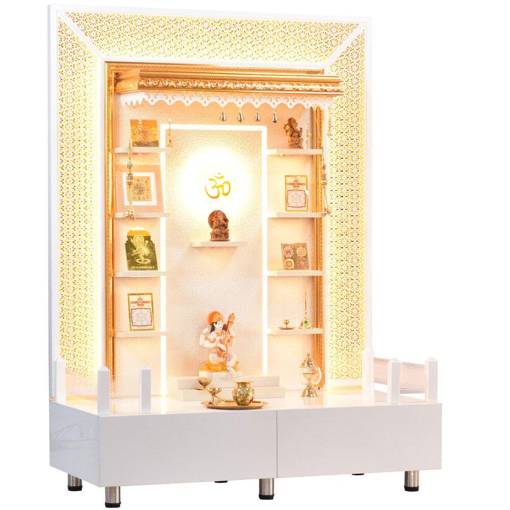 F C Wooden Pooja Mandir with Twin Drawers and Ledges wide - Furniture Castle