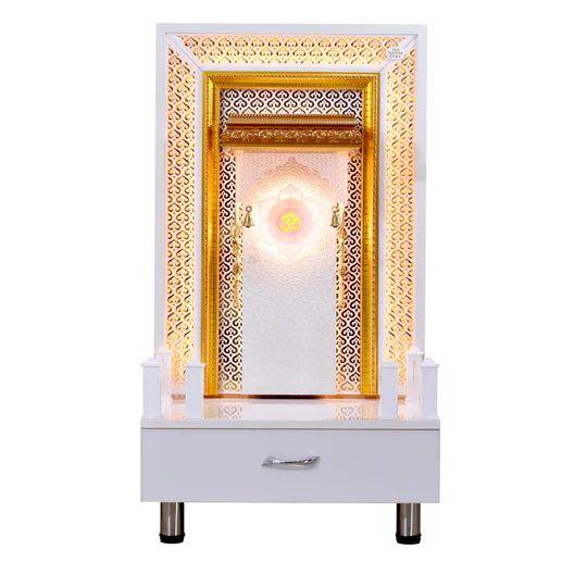 F C Wooden Pooja Temple Glossy White With Jali And LED Lights - Furniture Castle