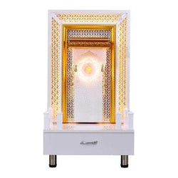 F C Wooden Pooja Temple Glossy White With Jali And LED Lights - Furniture Castle
