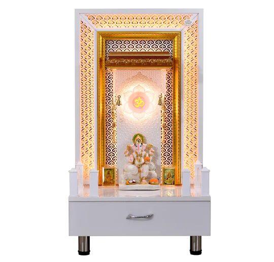 F C Wooden Pooja Temple Glossy White With Jali And LED Lights - Furniture Castle