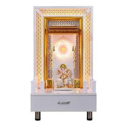F C Wooden Pooja Temple Glossy White With Jali And LED Lights - Furniture Castle