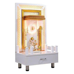 F C Wooden Pooja Temple Glossy White With Jali And LED Lights - Furniture Castle