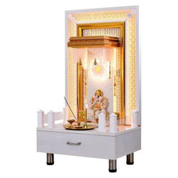 F C Wooden Pooja Temple Glossy White With Jali And LED Lights - Furniture Castle