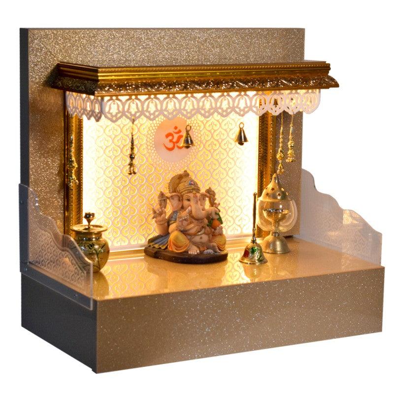 FC Designer Wooden Mandir in Premium anti Scratch Glass Acrylic Rose Gold With LED Lights - Furniture Castle