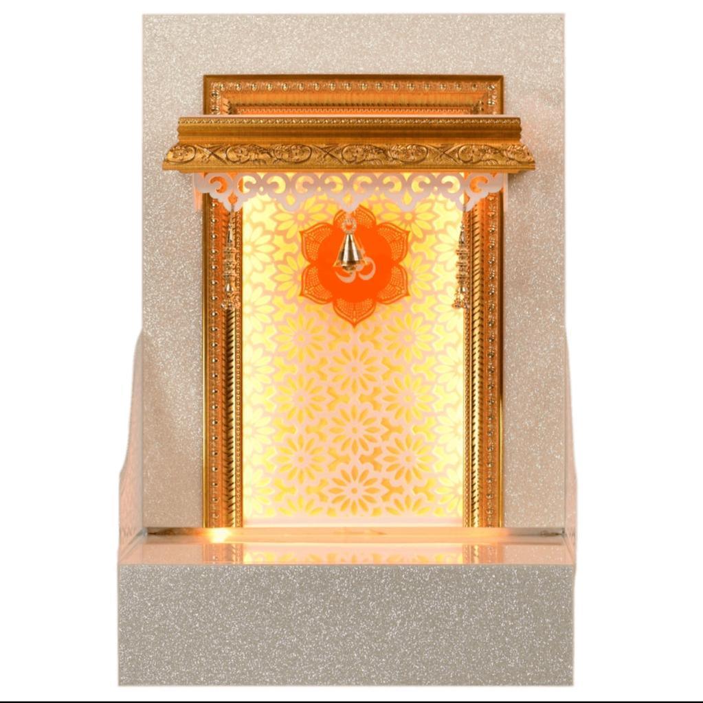FC Designer Wooden Mandir in Premium anti Scratch Glass Acrylic Rose Gold With LED Lights - Furniture Castle