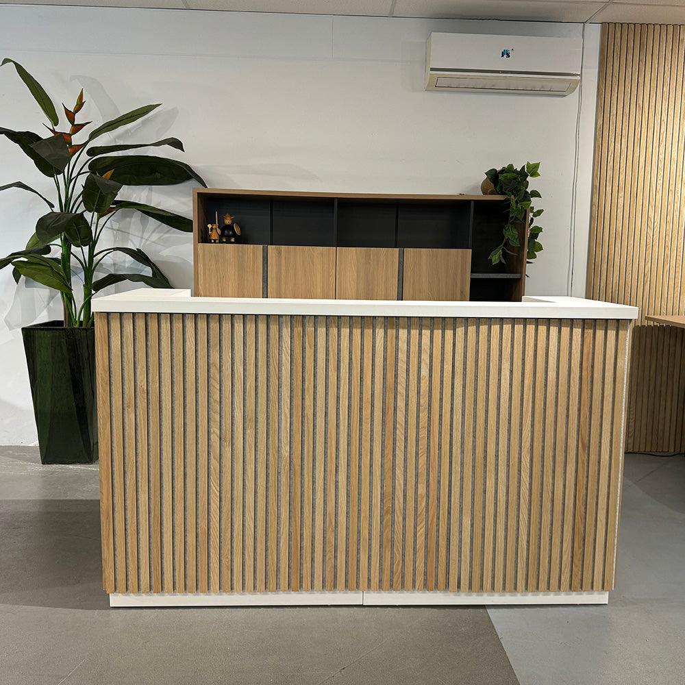 KENTO Reception Desk 180cm - White & Oak Timber Slat Acoustic - Furniture Castle
