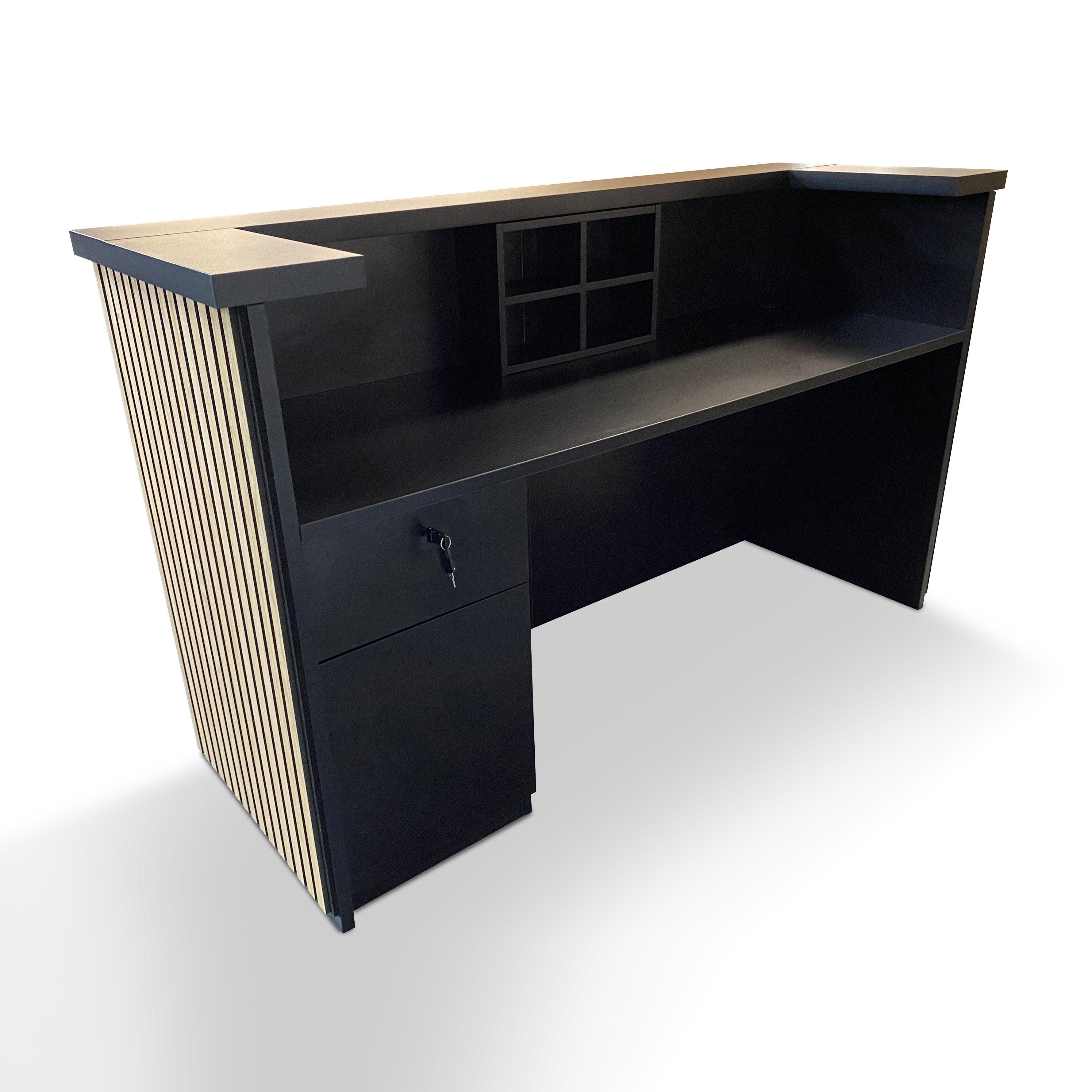 KENTO Reception Desk 240cm - Timber Slat Acoustic Black & Oak - Furniture Castle