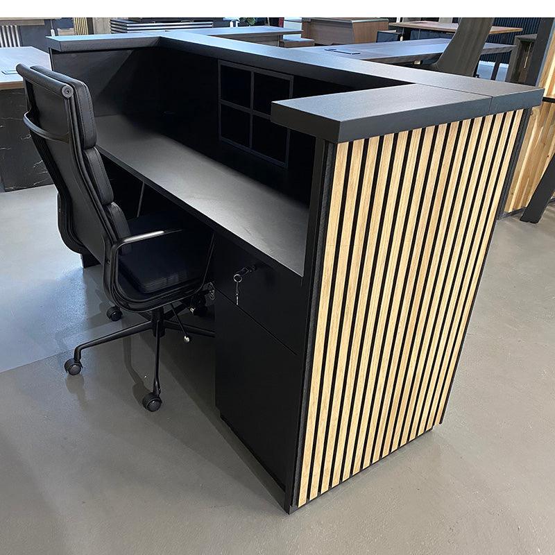 KENTO Reception Desk 240cm - Timber Slat Acoustic Black & Oak - Furniture Castle
