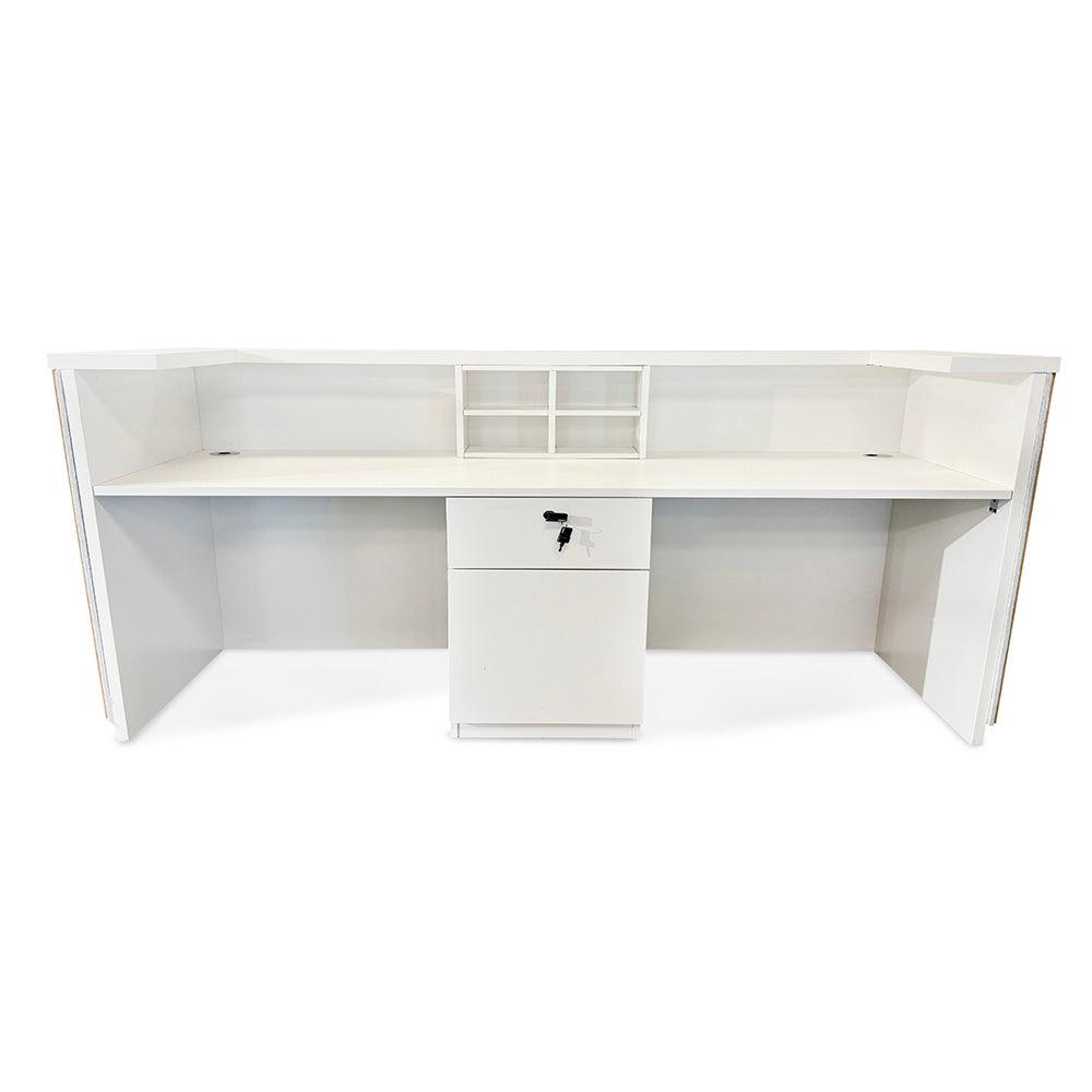 Kento Reception Desk 240cm - Timber Slat Acoustic White & Oak - Furniture Castle